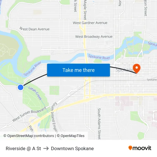 Riverside @ A St to Downtown Spokane map