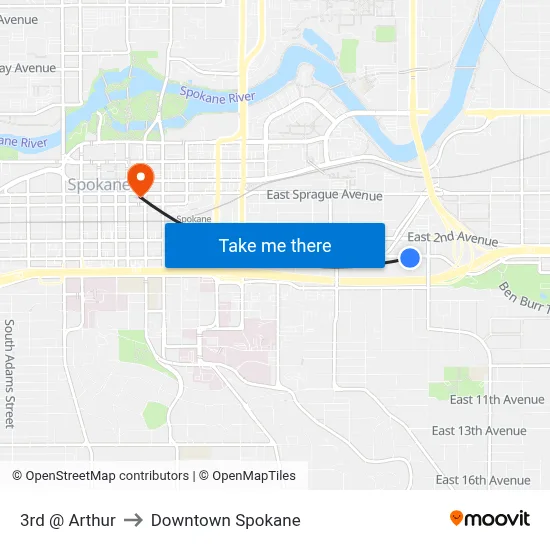 3rd @ Arthur to Downtown Spokane map