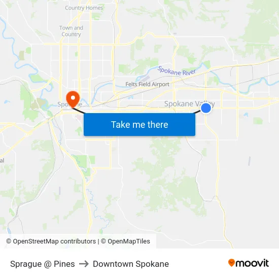 Sprague @ Pines to Downtown Spokane map
