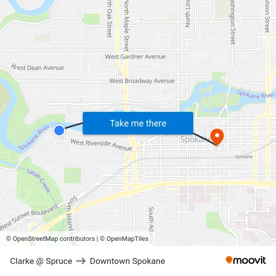 Clarke @ Spruce to Downtown Spokane map