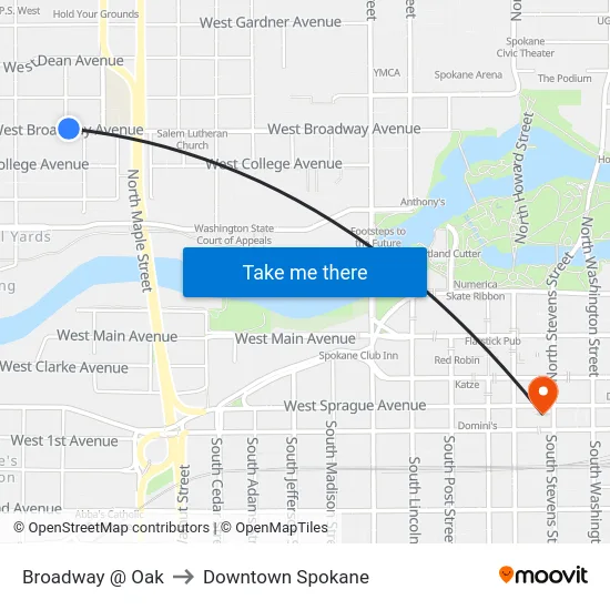 Broadway @ Oak to Downtown Spokane map