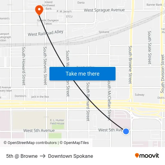 5th @ Browne to Downtown Spokane map