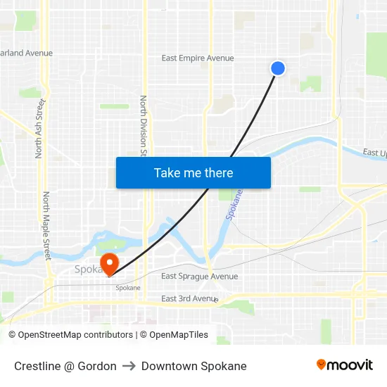 Crestline @ Gordon to Downtown Spokane map