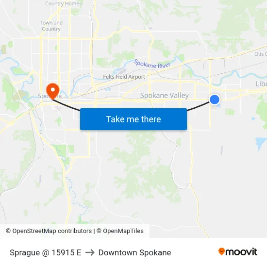 Sprague @ 15915 E to Downtown Spokane map