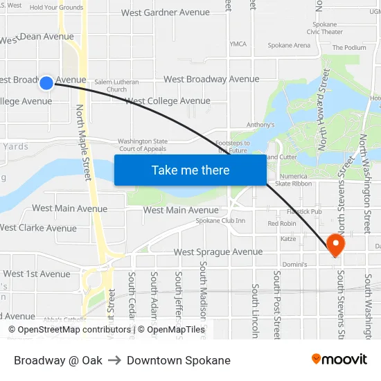 Broadway @ Oak to Downtown Spokane map