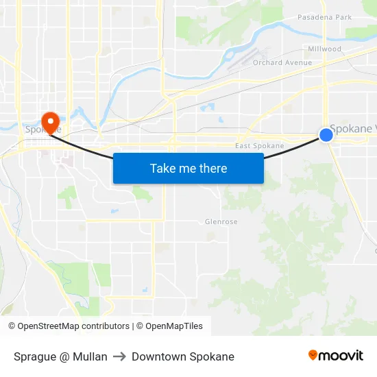 Sprague @ Mullan to Downtown Spokane map