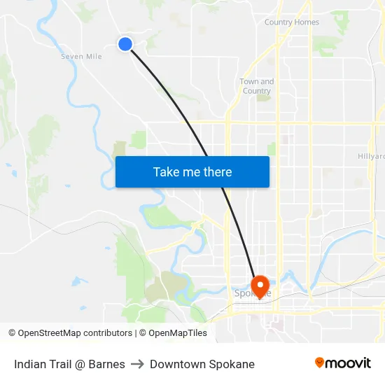 Indian Trail @ Barnes to Downtown Spokane map