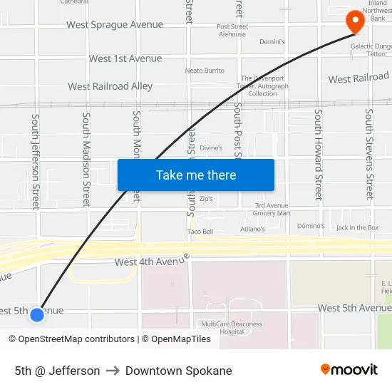 5th @ Jefferson to Downtown Spokane map