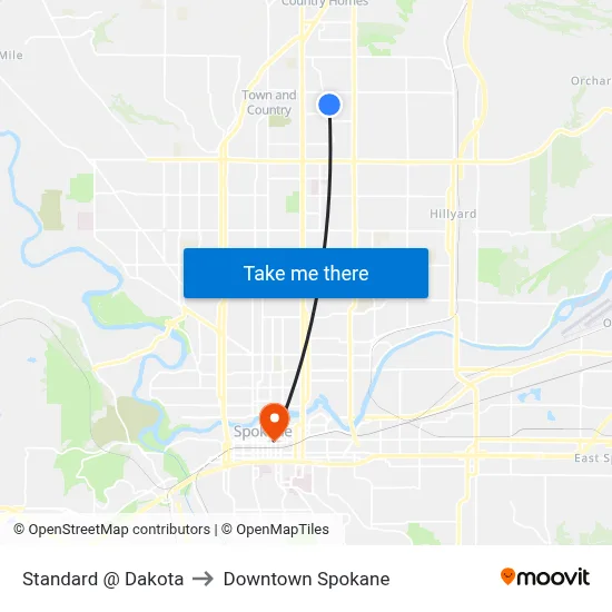 Standard @ Dakota to Downtown Spokane map