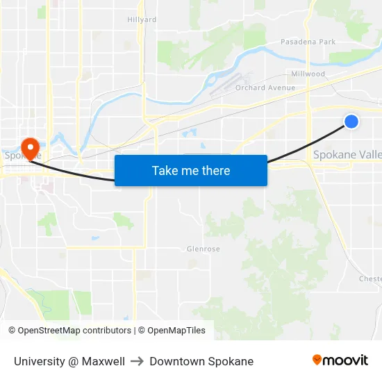 University @ Maxwell to Downtown Spokane map