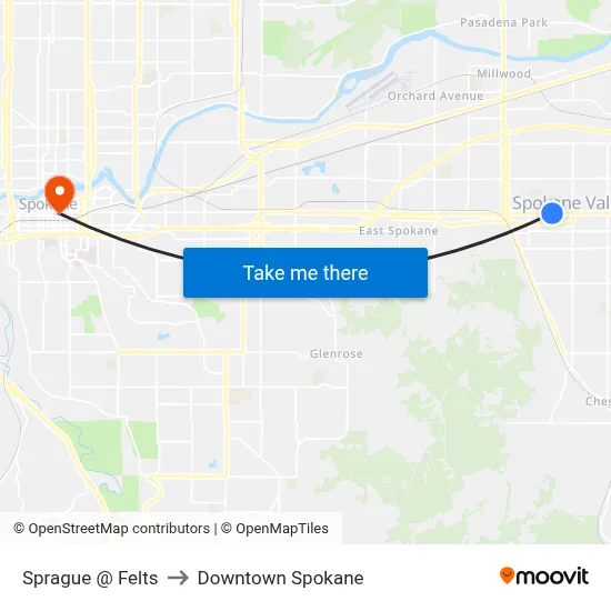 Sprague @ Felts to Downtown Spokane map