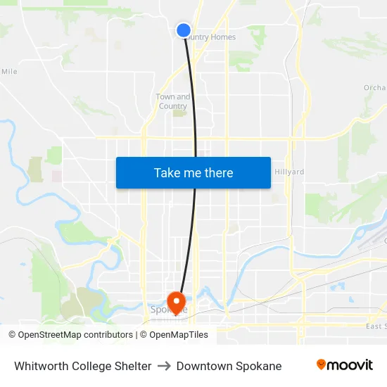 Whitworth College Shelter to Downtown Spokane map