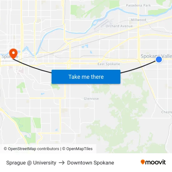 Sprague @ University to Downtown Spokane map