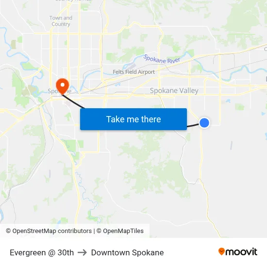 Evergreen @ 30th to Downtown Spokane map