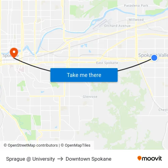 Sprague @ University to Downtown Spokane map