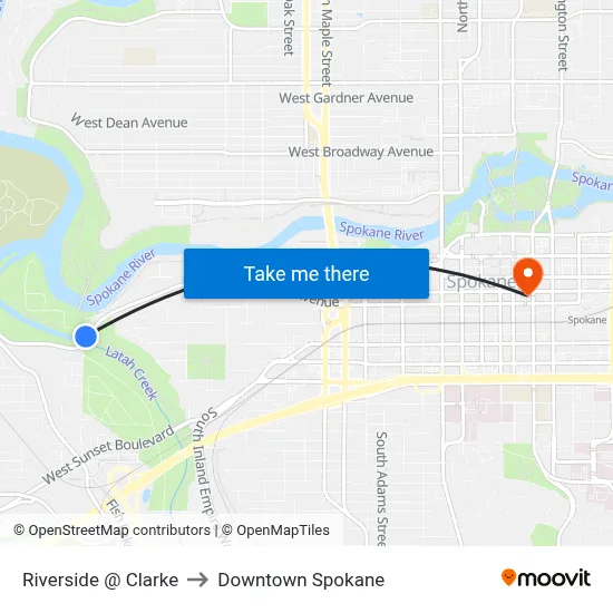 Riverside @ Clarke to Downtown Spokane map