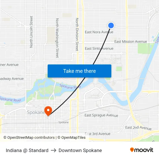 Indiana @ Standard to Downtown Spokane map