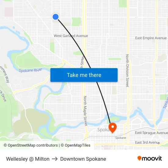 Wellesley @ Milton to Downtown Spokane map