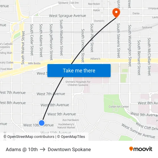 Adams @ 10th to Downtown Spokane map