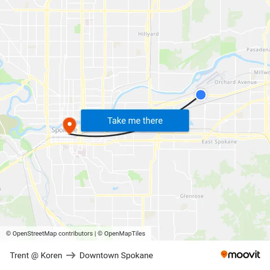Trent @ Koren to Downtown Spokane map
