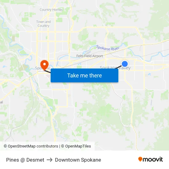 Pines @ Desmet to Downtown Spokane map