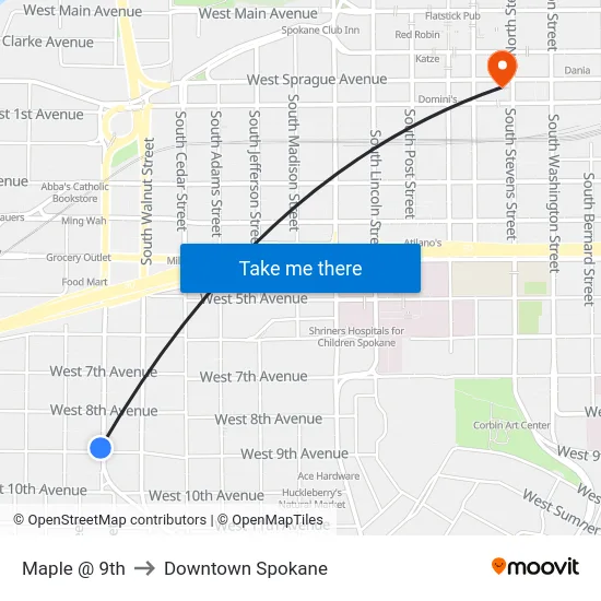 Maple @ 9th to Downtown Spokane map