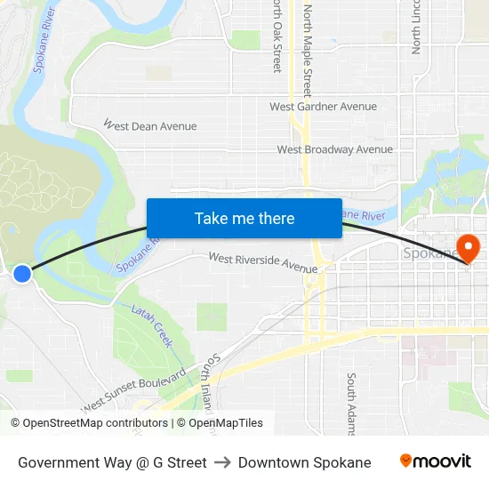 Government Way @ G Street to Downtown Spokane map