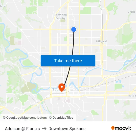 Addison @ Francis to Downtown Spokane map