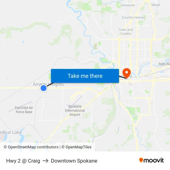 Hwy 2 @ Craig to Downtown Spokane map