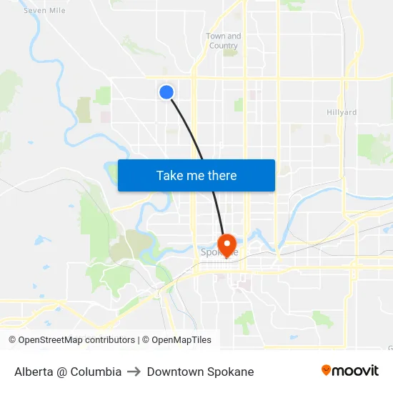 Alberta @ Columbia to Downtown Spokane map