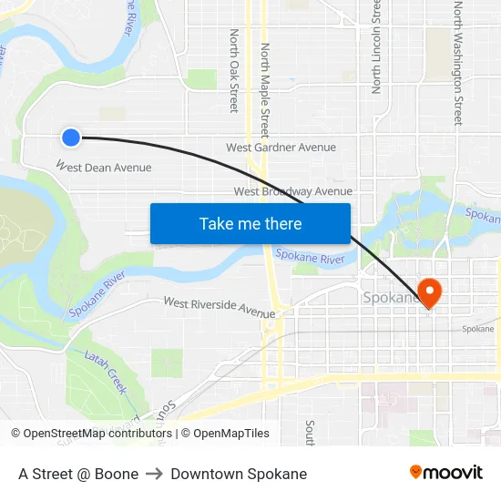 A Street @ Boone to Downtown Spokane map