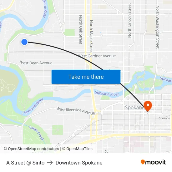 A Street @ Sinto to Downtown Spokane map