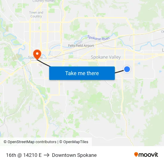 16th @ 14210 E to Downtown Spokane map