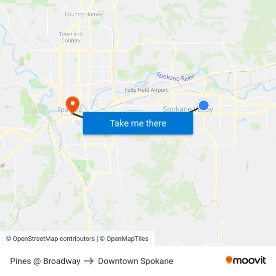 Pines @ Broadway to Downtown Spokane map