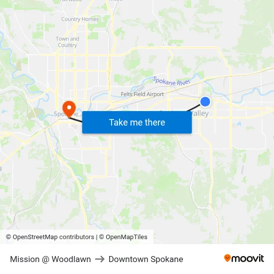 Mission @ Woodlawn to Downtown Spokane map
