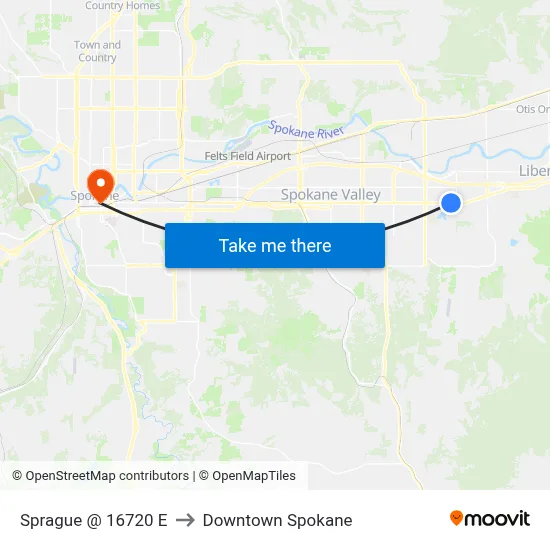 Sprague @ 16720 E to Downtown Spokane map