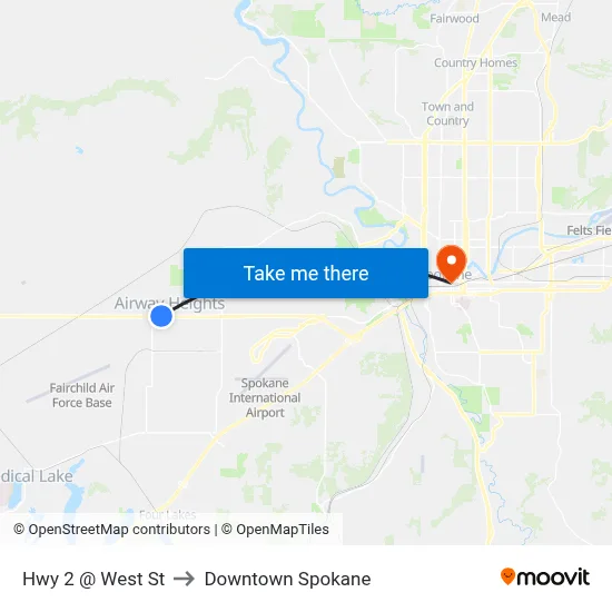 Hwy 2 @ West St to Downtown Spokane map