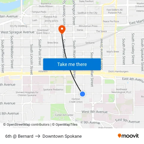 6th @ Bernard to Downtown Spokane map