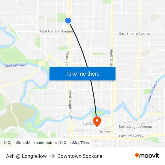 Ash @ Longfellow to Downtown Spokane map