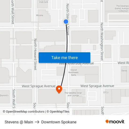 Stevens @ Main to Downtown Spokane map