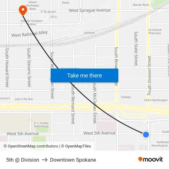 5th @ Division to Downtown Spokane map