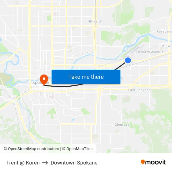 Trent @ Koren to Downtown Spokane map
