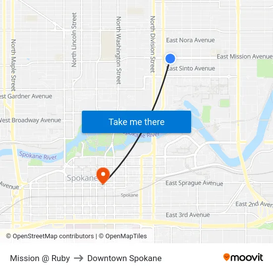 Mission @ Ruby to Downtown Spokane map