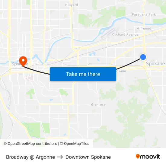 Broadway @ Argonne to Downtown Spokane map