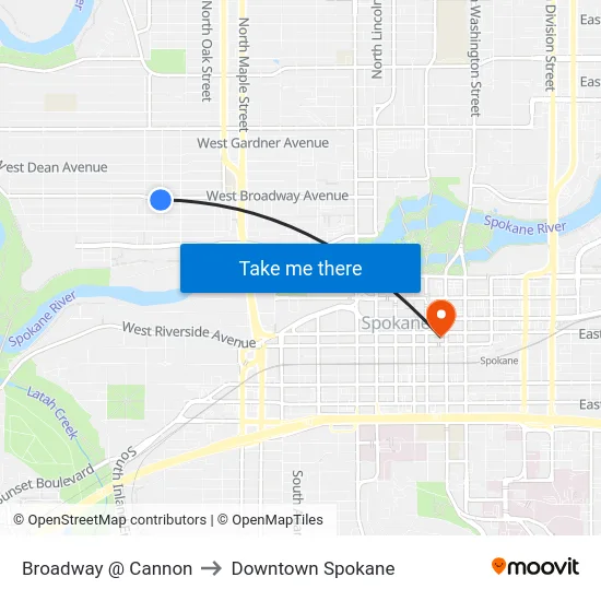 Broadway @ Cannon to Downtown Spokane map