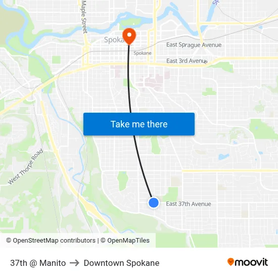 37th @ Manito to Downtown Spokane map