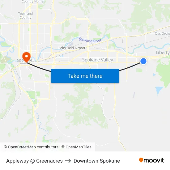 Appleway @ Greenacres to Downtown Spokane map