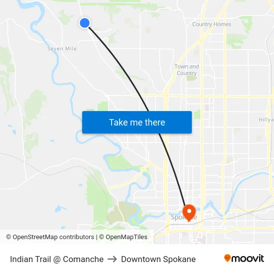 Indian Trail @ Comanche to Downtown Spokane map