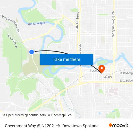 Government Way @ N1202 to Downtown Spokane map