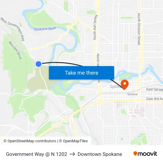 Government Way @ N 1202 to Downtown Spokane map